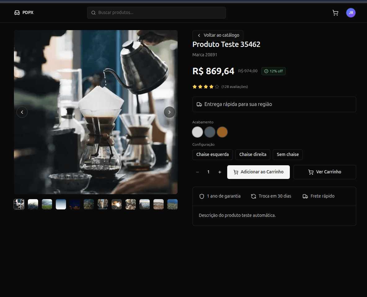 Página de produto em tema escuro